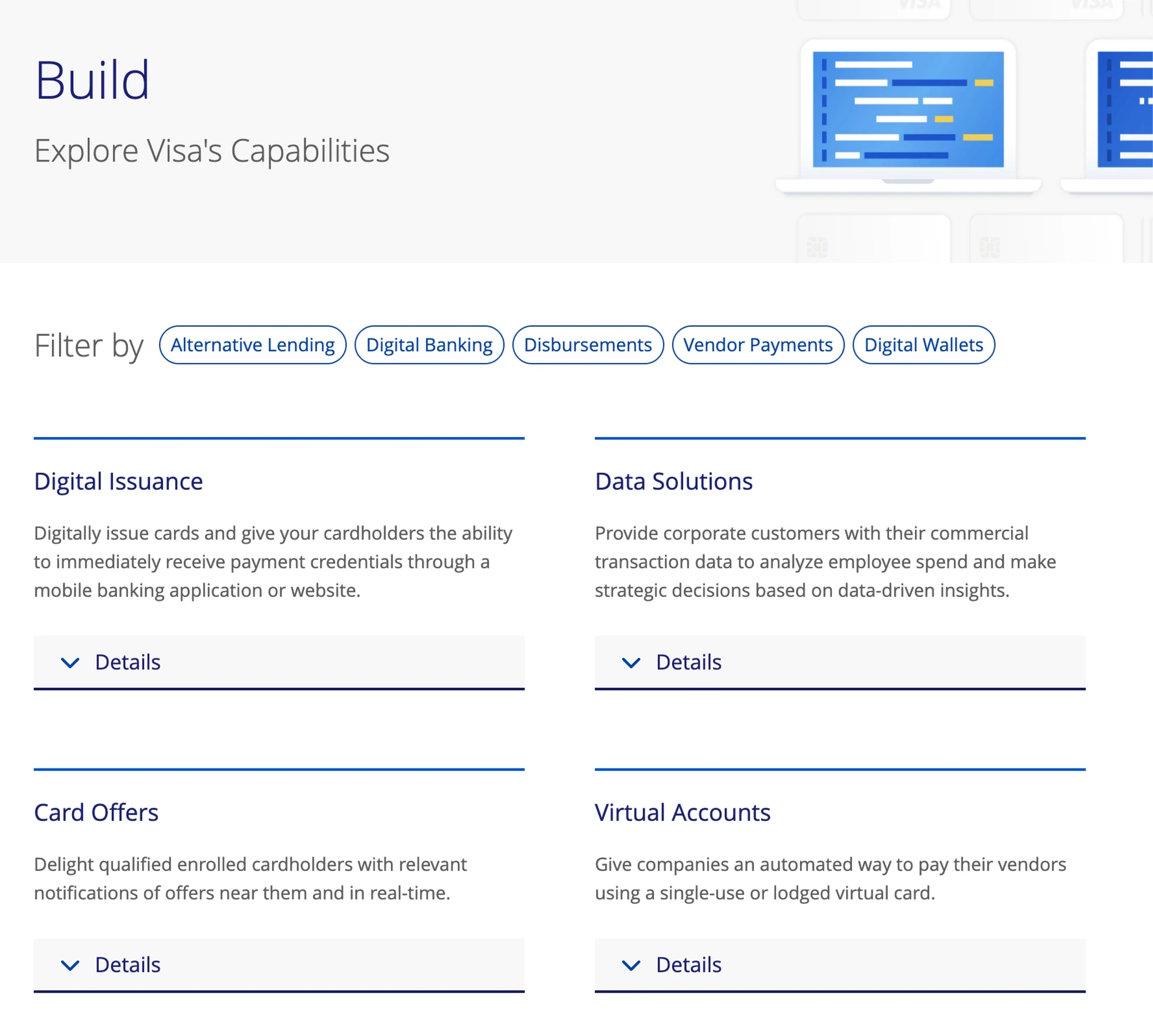 Build page with a catalog of Visa capabilities