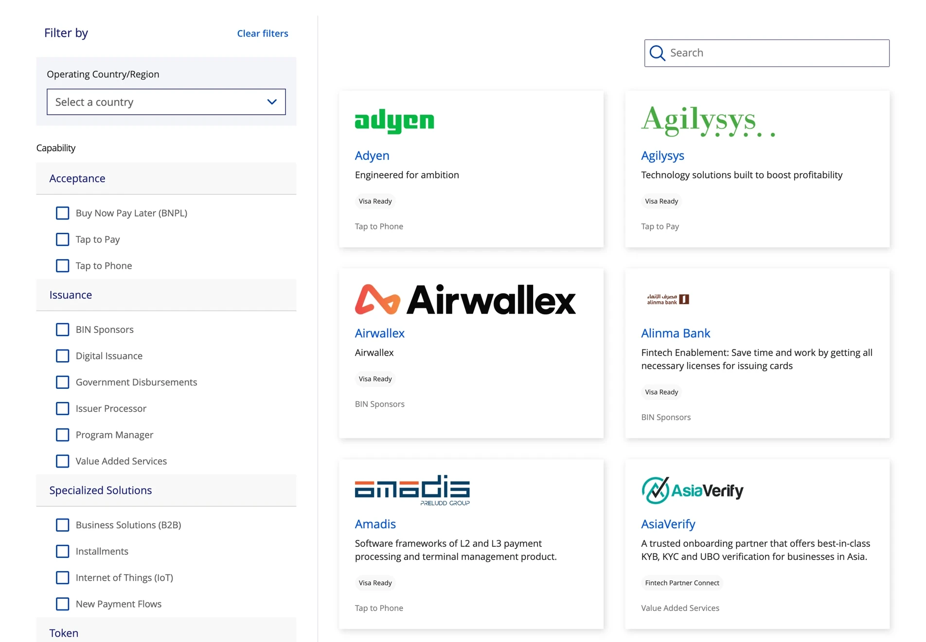 Partner directory with capability filters and partner results