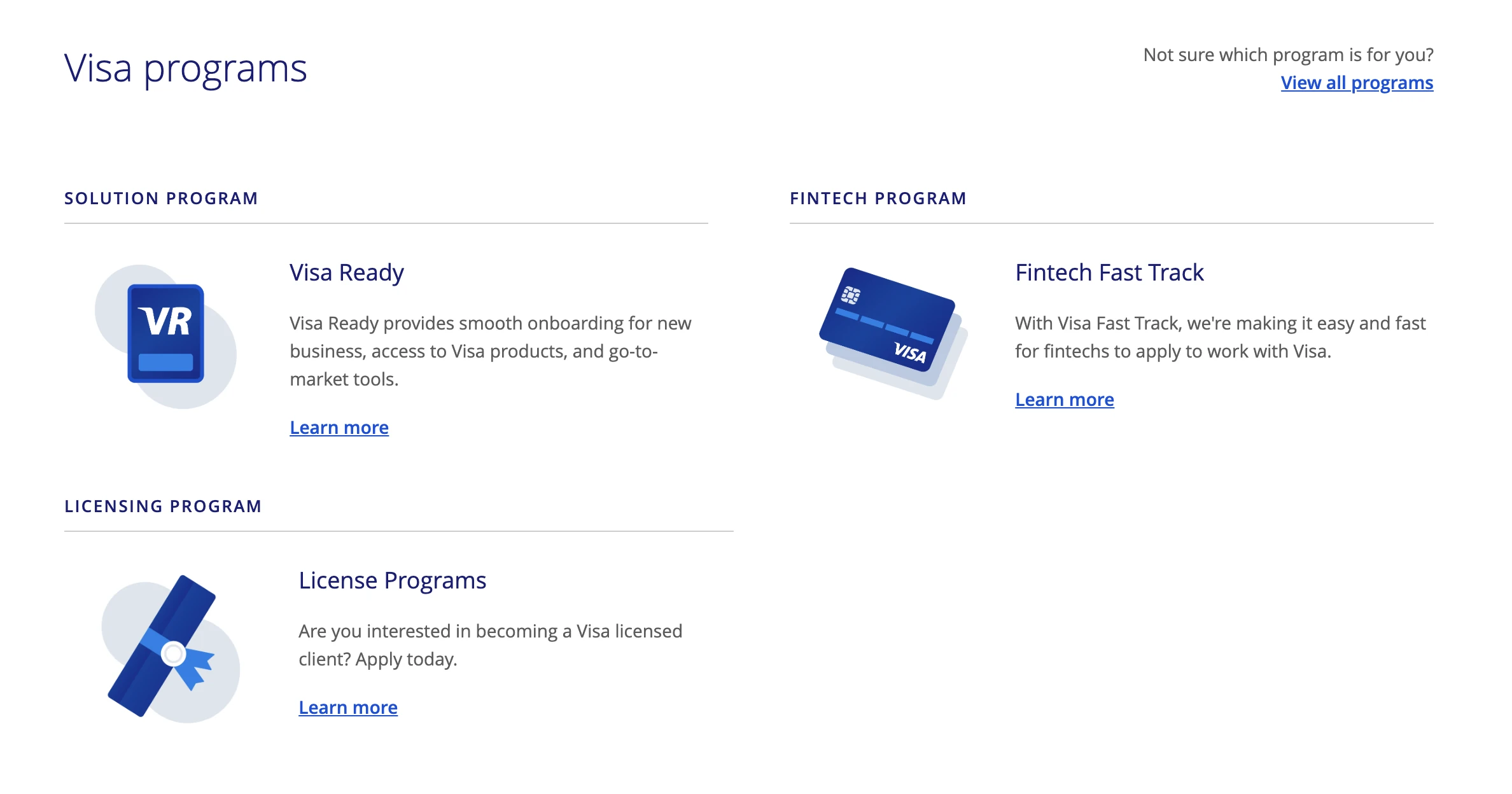 Visa programs section listing Visa Ready, Fintech Fast Track and License Programs